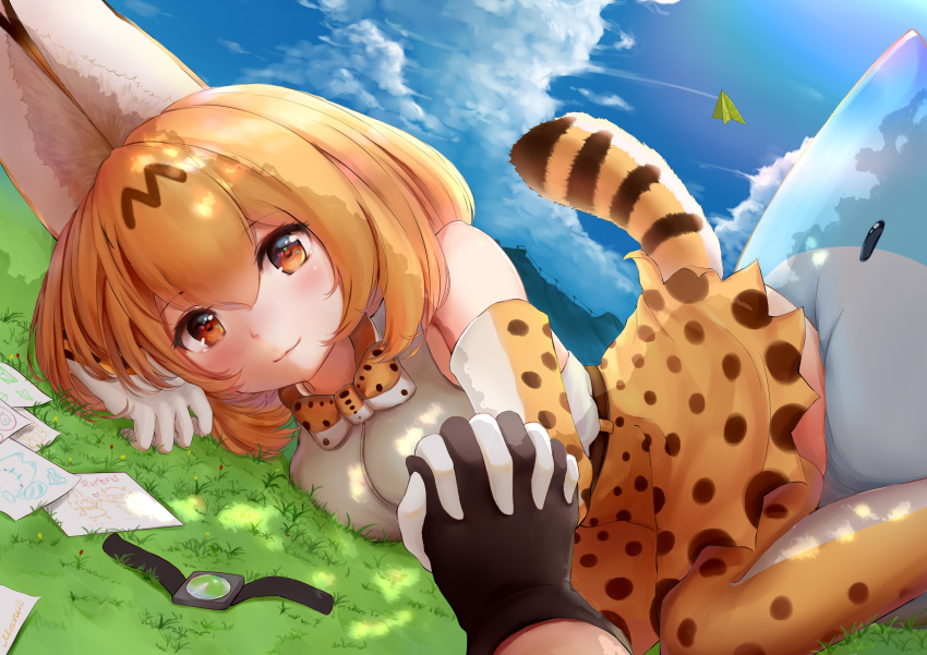 2girls absurdres animal_ear_fluff animal_ears bangs belt black_gloves blonde_hair blue_sky blush clouds commentary_request day drawing elbow_gloves eyebrows_visible_through_hair gloves grass hair_between_eyes high-waist_skirt highres holding_hands interlocked_fingers kemono_friends looking_at_viewer lucky_beast_(kemono_friends) lying medium_hair modoi_(star) multiple_girls on_ground on_side orange_eyes outdoors paper_airplane pov pov_hands print_gloves print_legwear print_skirt serval_(kemono_friends) serval_ears serval_print serval_tail shirt skirt sky sleeveless sleeveless_shirt smile solo_focus tail thigh-highs white_shirt