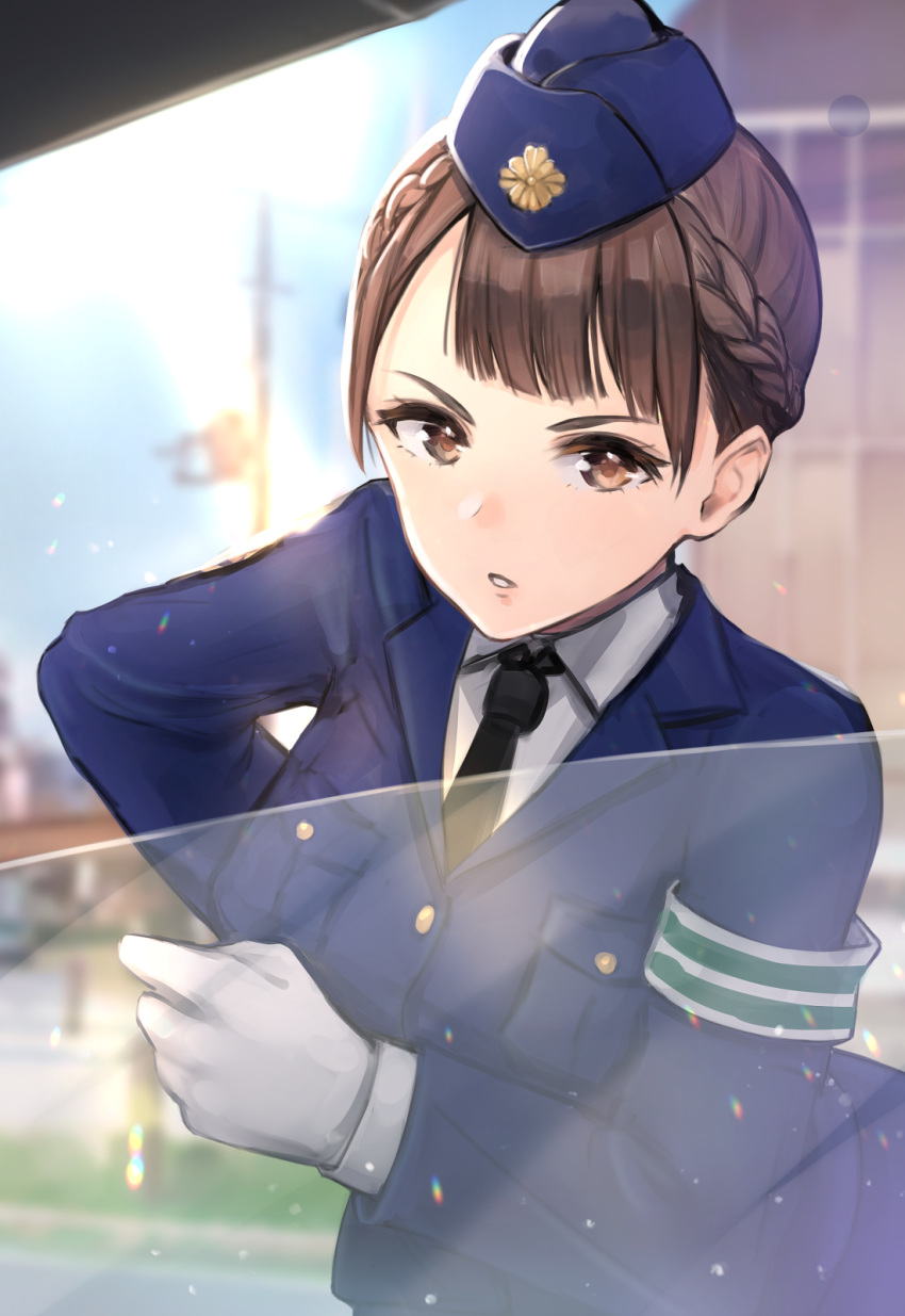 1girl bangs braid breasts brown_eyes brown_hair collared_shirt commentary_request gloves hat highres jacket knocking large_breasts long_sleeves looking_at_viewer mappaninatta necktie original outdoors parted_lips police police_uniform policewoman shirt solo standing uniform white_gloves white_shirt window