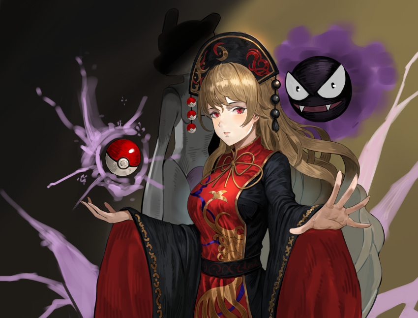 1girl absurdres aura bangs black_background black_dress black_eyes black_sash blush breasts brown_background brown_hair chobbb commentary_request cowboy_shot crossover dress fangs from_behind gastly gen_1_pokemon gradient gradient_background headdress highres huge_filesize junko_(touhou) large_breasts long_hair long_sleeves looking_at_viewer mewtwo neck_ribbon open_mouth parted_lips poke_ball pokemon pokemon_(creature) red_eyes ribbon sash shadow smile standing tabard tassel touhou very_long_hair wide_sleeves yellow_neckwear yellow_ribbon