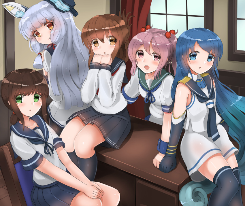 5girls :d bangs black_gloves black_hair black_legwear black_sailor_collar black_skirt blue_eyes blue_hair blue_neckwear blue_sailor_collar blue_skirt blush brown_eyes brown_hair desk dress elbow_gloves eyebrows_visible_through_hair folded_ponytail fubuki_(kantai_collection) gloves gradient_hair green_eyes hair_bobbles hair_ornament hair_ribbon headgear highres inazuma_(kantai_collection) indoors kantai_collection kneehighs long_hair long_sleeves looking_at_viewer low_ponytail multicolored_hair multiple_girls murakumo_(kantai_collection) neckerchief open_mouth orange_eyes pantyhose pink_eyes pink_hair pleated_skirt red_neckwear red_ribbon redundant-cat ribbon sailor_collar sailor_dress samidare_(kantai_collection) sazanami_(kantai_collection) school_uniform serafuku shirt short_eyebrows short_hair short_ponytail short_sleeves sidelocks silver_hair sitting skirt sleeveless sleeveless_shirt smile swept_bangs thigh-highs thighband_pantyhose tress_ribbon twintails very_long_hair white_shirt white_skirt