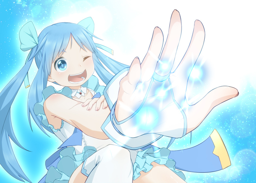 1girl ahoge blue_eyes blue_hair bow commentary_request detached_collar fingerless_gloves frills gloves hair_bow hair_ribbon haragon long_hair magical_girl one_eye_closed open_mouth original reaching_out ribbon sleeveless solo teeth thigh-highs twintails white_gloves white_legwear