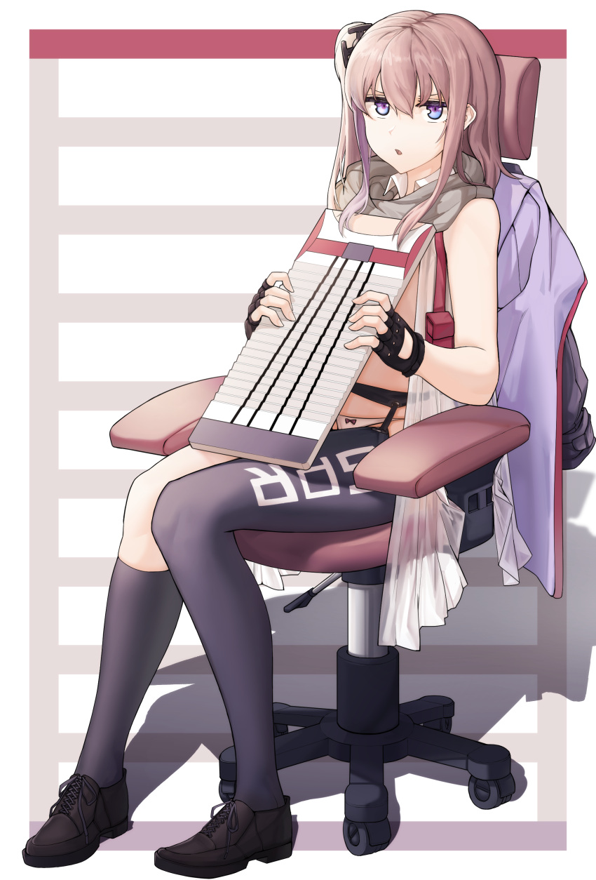 1girl absurdres asymmetrical_legwear chair commentary_request covering covering_breasts fingerless_gloves girls_frontline gloves hachirodesu highres holding long_hair looking_at_viewer office_chair open_clothes panties pink_hair shadow side_ponytail sitting socks st_ar-15_(girls_frontline) thigh-highs thigh_strap underwear violet_eyes washboard