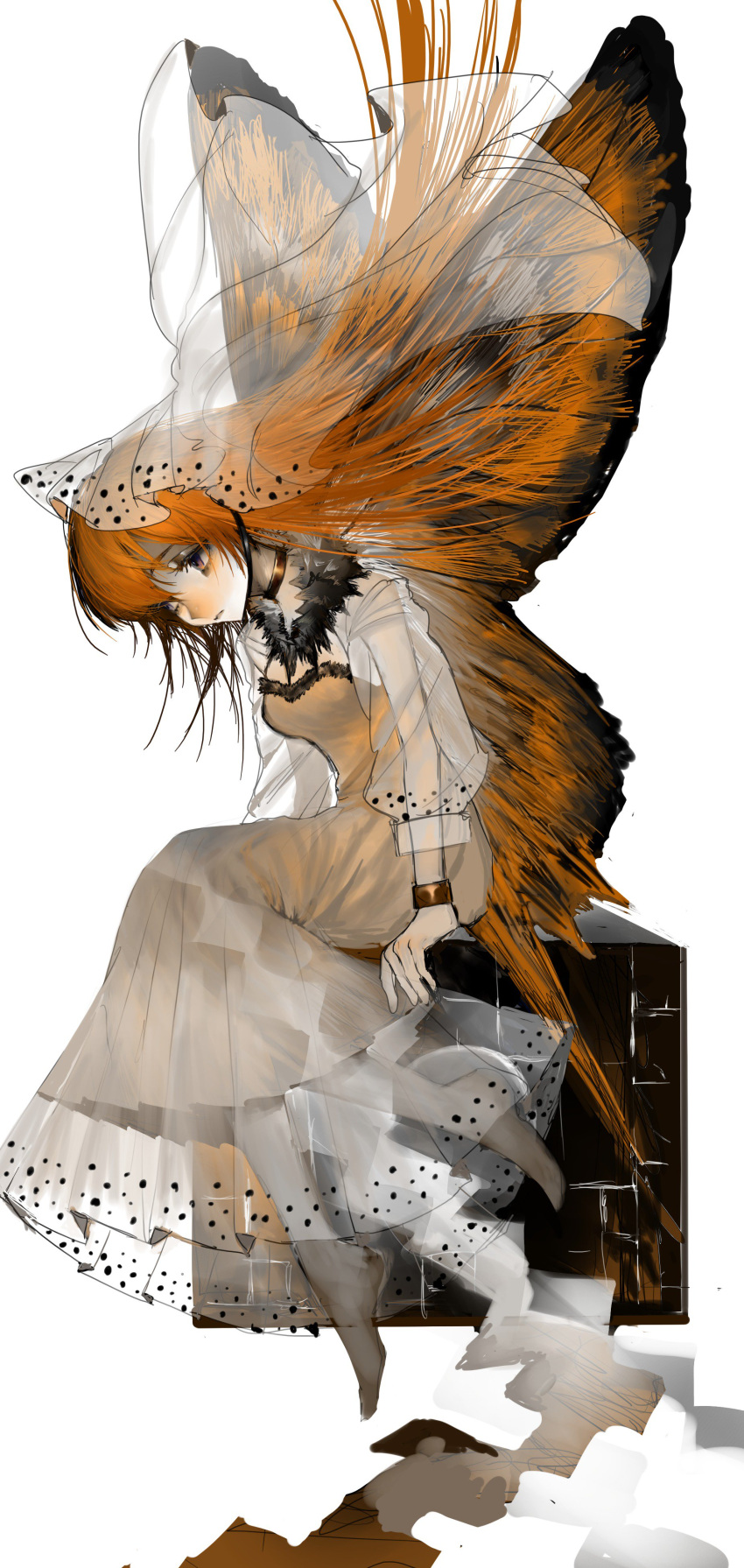 1girl absurdres black_choker black_footwear blush butterfly_wings choker closed_mouth commentary cube detached_sleeves dress fairy full_body fur_collar highres looking_down moso_mu nose_blush orange_dress orange_eyes orange_hair orange_wings original see-through simple_background sitting solo veil white_background white_dress wings
