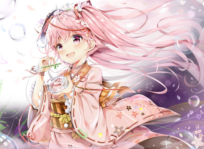 1girl :d absurdres blush bubble cherry_blossoms collarbone commentary_request face_mask flower fox_mask hair_flower hair_ornament hatsune_miku highres holding japanese_clothes kimono long_hair looking_at_viewer mask mask_on_head mask_removed open_mouth pedo0201 pink_hair pink_kimono ribbon sakura_miku smile solo twintails very_long_hair vocaloid white_flower