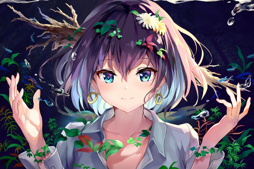 1girl absurdres animal bangs blue_eyes blue_hair blush closed_mouth collared_shirt commentary_request dress_shirt earrings eyebrows_visible_through_hair fish flower hair_between_eyes hair_flower hair_ornament hands_up highres jewelry long_sleeves maeshimashi multicolored_hair open_clothes open_shirt original plant purple_hair shirt smile solo two-tone_hair upper_body water white_flower white_shirt yellow_flower