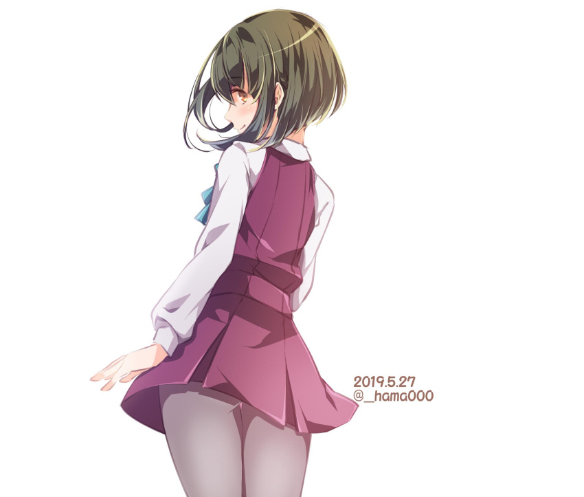 1girl bob_cut braid brown_eyes commentary_request cowboy_shot dress from_behind green_hair grey_legwear hama_(_hama000) highres kantai_collection long_sleeves looking_at_viewer looking_back pantyhose school_uniform shirt short_hair sidelocks simple_background sleeveless sleeveless_dress solo standing takanami_(kantai_collection) white_background white_shirt