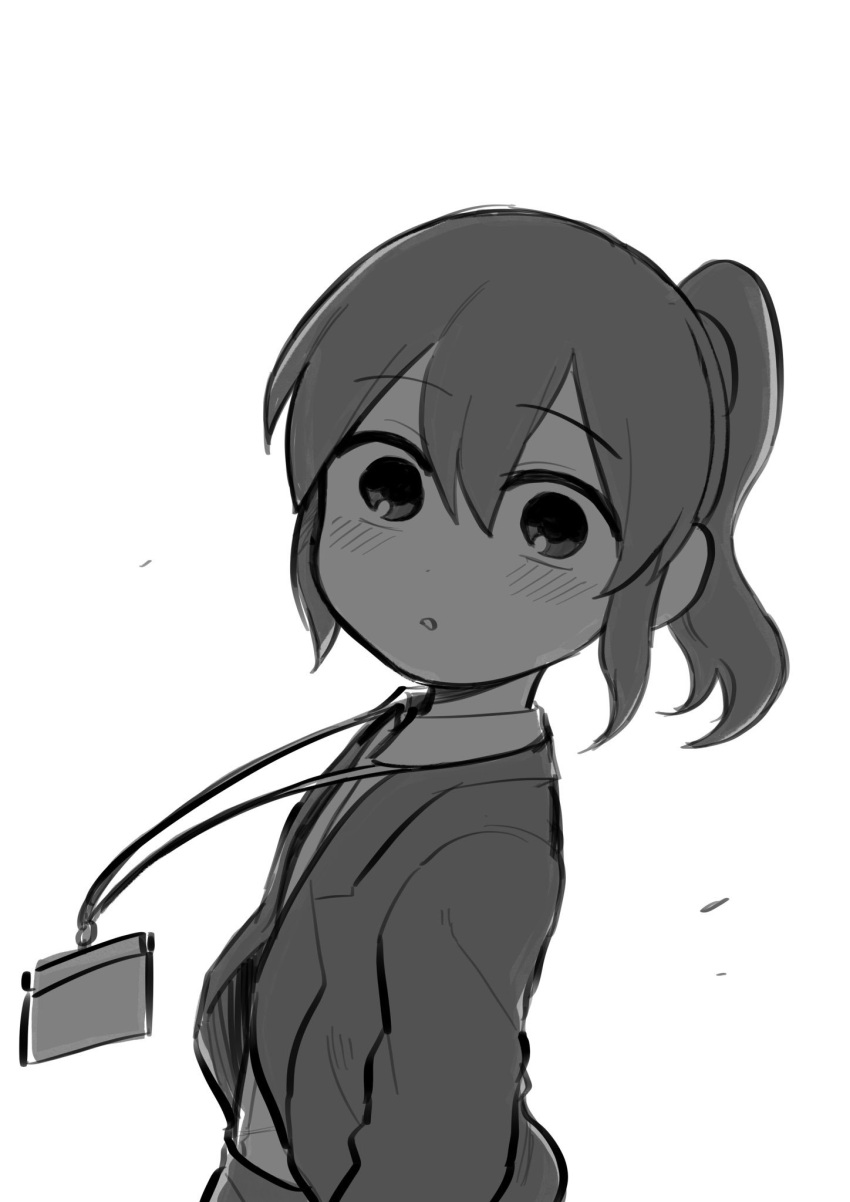 1girl blush business_suit coat commentary eyebrows_visible_through_hair formal greyscale hair_between_eyes hairband high_ponytail highres igarashi_futaba_(shiromanta) lanyard looking_at_viewer medium_hair monochrome o_o office_lady open_mouth overcoat ponytail senpai_ga_uzai_kouhai_no_hanashi shiromanta sidelocks standing suit wide-eyed