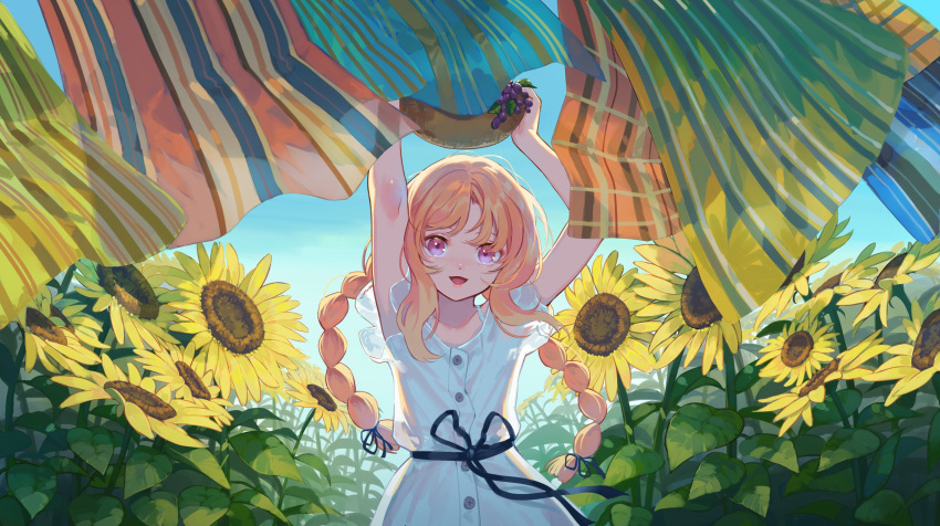 1girl absurdres arms_up basket black_ribbon blonde_hair blue_sky blush bra_strap braid collarbone day dress flower grapefruit highres holding holding_basket long_hair looking_at_viewer mixkechin open_mouth original outdoors pink_eyes ribbon short_sleeves sky smile solo sunflower twin_braids very_long_hair white_dress