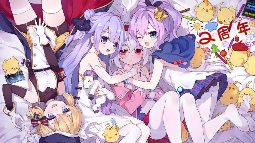 &gt;_&lt; 4girls :o ;d animal animal_ears azur_lane bangs bare_shoulders bed_sheet beret bike_shorts bird black_ribbon blonde_hair blue_eyes blue_headwear blue_skirt brown_shorts brown_sleeves camisole cellphone chick closed_eyes commentary_request crown detached_sleeves drawing dress eyebrows_visible_through_hair food girl_sandwich gloves hair_between_eyes hair_bun hair_ribbon hairband hand_up hat high_ponytail highres holding holding_food jacket javelin_(azur_lane) laffey_(azur_lane) long_hair long_sleeves lying manjuu_(azur_lane) mini_crown multiple_girls no_shoes on_back on_side one_eye_closed one_side_up open_clothes open_jacket open_mouth pantyhose parted_lips phone pink_jacket plaid plaid_skirt pleated_skirt ponytail popsicle purple_hair rabbit_ears red_eyes red_hairband red_skirt ribbon sandwiched short_shorts shorts side_bun sidelocks silver_hair skirt sleeveless sleeveless_dress sleeves_past_wrists smelling smile socks socks_removed stuffed_alicorn stuffed_animal stuffed_toy thigh-highs thighband_pantyhose translation_request tsubasa_tsubasa twintails unicorn_(azur_lane) very_long_hair violet_eyes white_camisole white_dress white_gloves white_legwear white_sleeves z23_(azur_lane)