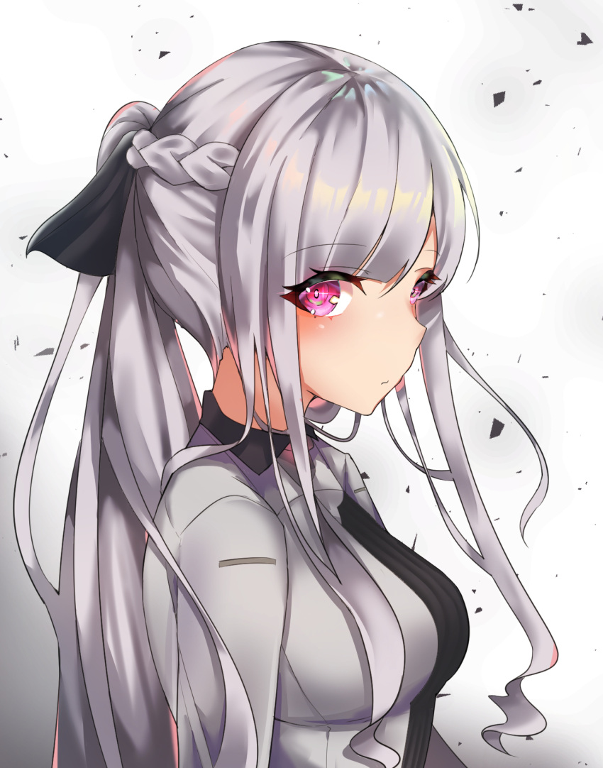 1girl ak-12_(girls_frontline) bangs black_ribbon black_shirt blush braid breasts closed_mouth collared_shirt commentary eyebrows_visible_through_hair girls_frontline gradient gradient_background grey_background grey_jacket hair_between_eyes hair_ribbon highres jacket long_hair medium_breasts meow_nyang open_clothes open_jacket ponytail ribbed_shirt ribbon shirt silver_hair solo upper_body very_long_hair violet_eyes white_background