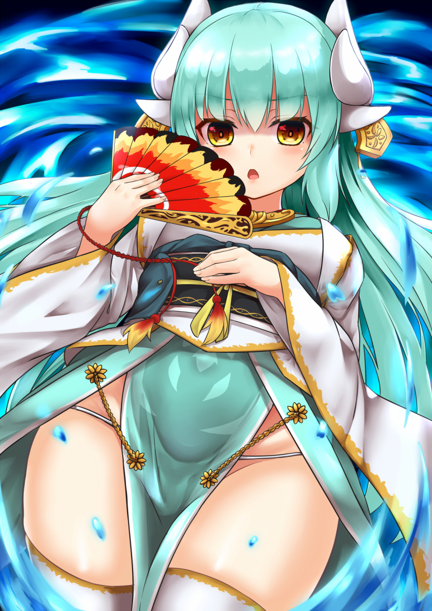 1girl commentary_request earrings eyebrows_visible_through_hair fan fate/grand_order fate_(series) floating_hair green_hair green_kimono hair_between_eyes highres holding holding_fan horns japanese_clothes jewelry kimono kiyohime_(fate/grand_order) long_hair looking_at_viewer obi open_mouth sash shiron_(e1na1e2lu2ne3ru3) solo thigh-highs very_long_hair white_legwear yellow_eyes