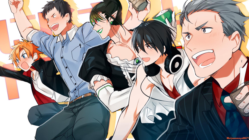 1girl 4boys alcohol black_eyes black_hair black_jacket blue_eyes blue_neckwear blue_pants blue_shirt blush commentary crossdressinging cup denim earrings elbow_gloves eyeliner formal gloves green_lips grey_eyes grey_hair grin hanabatake_chaika headphones headphones_around_neck highres holding holding_cup jacket jeans jewelry maid maimoto_keisuke makeup miyukiyo multiple_boys nakao_azuma necktie nijisanji open_mouth orange_hair pants pointy_ears puffy_short_sleeves puffy_sleeves red_eyes red_shirt rice round_teeth saliva shirt short_sleeves sleeveless smile striped striped_suit suit teeth vertical_stripes virtual_youtuber white_jacket white_shirt yashiro_kizuku yumeoi_kakeru