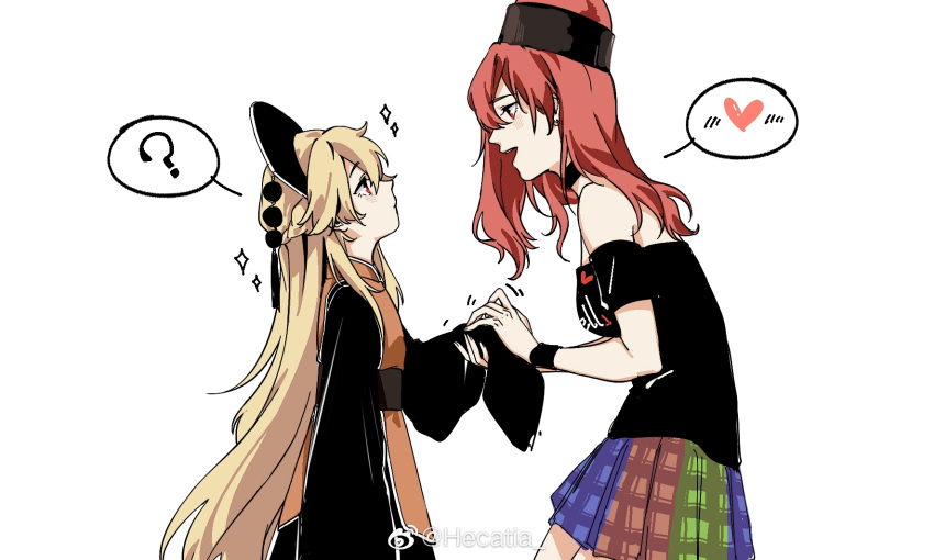 2girls :d ? bangs bare_shoulders black_choker black_dress black_sash black_shirt blonde_hair blue_skirt blush braid breasts chinese_commentary choker clothes_writing commentary_request cowboy_shot dress ear_piercing french_braid from_side green_skirt hair_between_eyes headdress heart hecatia_lapislazuli highres holding_hands junko_(touhou) kagari6496 long_hair long_sleeves looking_at_another looking_up medium_breasts miniskirt multicolored multicolored_clothes multicolored_skirt multiple_girls off-shoulder_shirt off_shoulder open_mouth piercing plaid plaid_skirt pleated_skirt polos_crown profile red_eyes red_skirt redhead sash shirt short_sleeves sidelocks simple_background skirt sleeves_past_fingers sleeves_past_wrists smile sparkle spoken_heart spoken_question_mark standing t-shirt tabard tassel touhou very_long_hair weibo_logo weibo_username white_background wide_sleeves younger