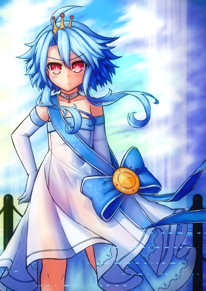1girl absurdres ahoge bare_shoulders blue_hair blue_ribbon commentary dress elbow_gloves frilled_dress frills gloves highres huge_filesize jewelry looking_at_viewer necklace neptune_(series) novus_rue power_symbol red_eyes ribbon sash short_hair_with_long_locks solo symbol-shaped_pupils tiara white_dress white_gloves white_heart