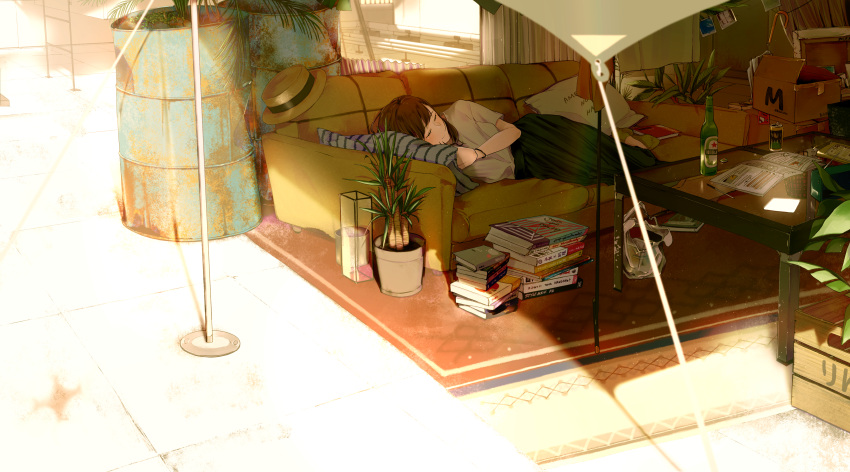 1girl absurdres beer_bottle beer_can book_stack box can cardboard_box closed_eyes closed_mouth couch facing_viewer highres long_hair lying maeda_mic on_side original pillow plant potted_plant sleeping solo table