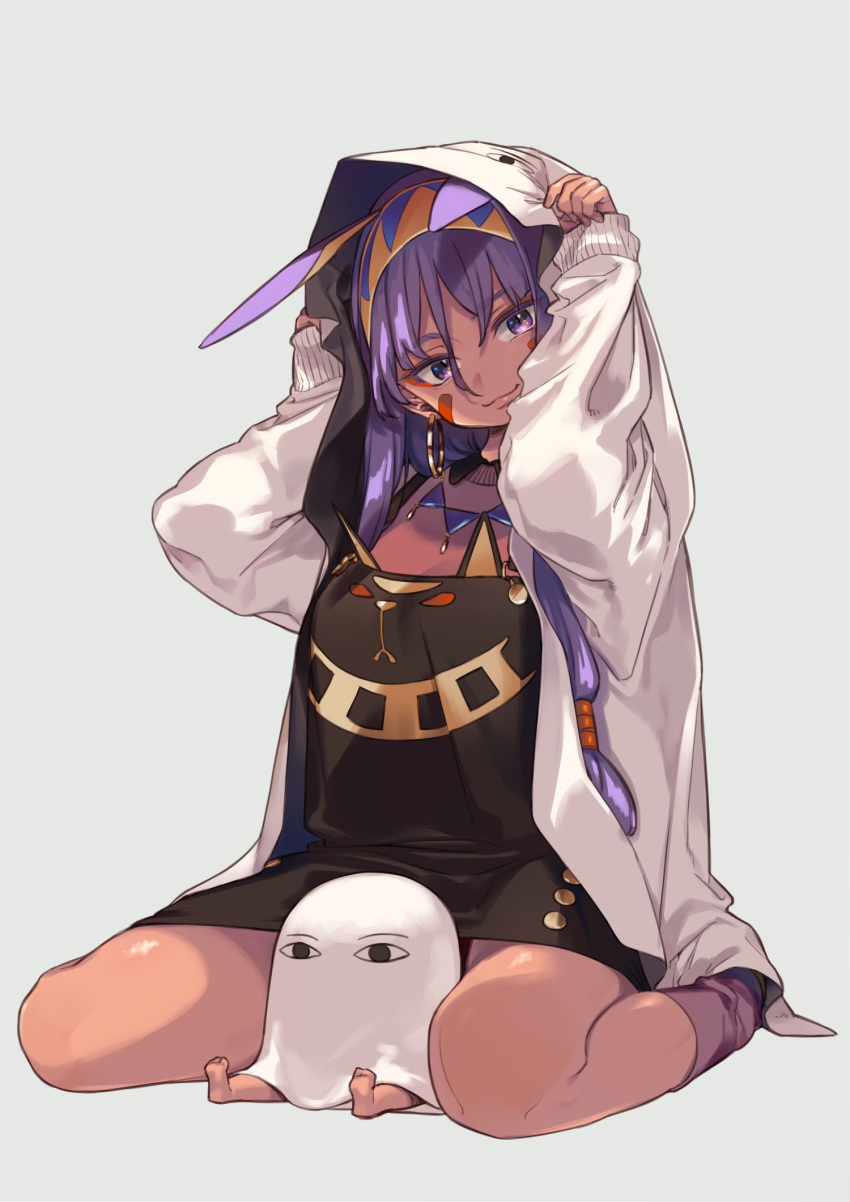 1girl amana_(pocketkey) animal_ears commentary_request facial_mark fate/grand_order fate_(series) grey_background highres hood jackal_ears medjed nitocris_(fate/grand_order) purple_hair sitting sleeves_past_wrists smile solo tan thighs violet_eyes wariza