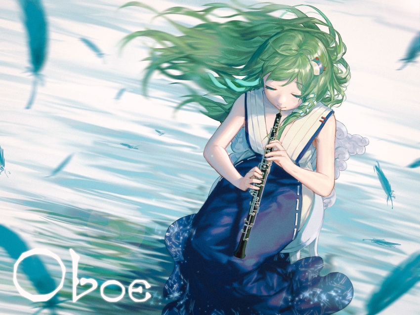 1girl adapted_costume blurry blush bokeh chun_lanlanlan closed_eyes commentary depth_of_field eyelashes feathers formal frog_hair_ornament from_above gown green_hair hair_ornament hair_tubes highres instrument kochiya_sanae long_hair long_skirt music oboe playing_instrument skirt sleeveless smile solo touhou water wind