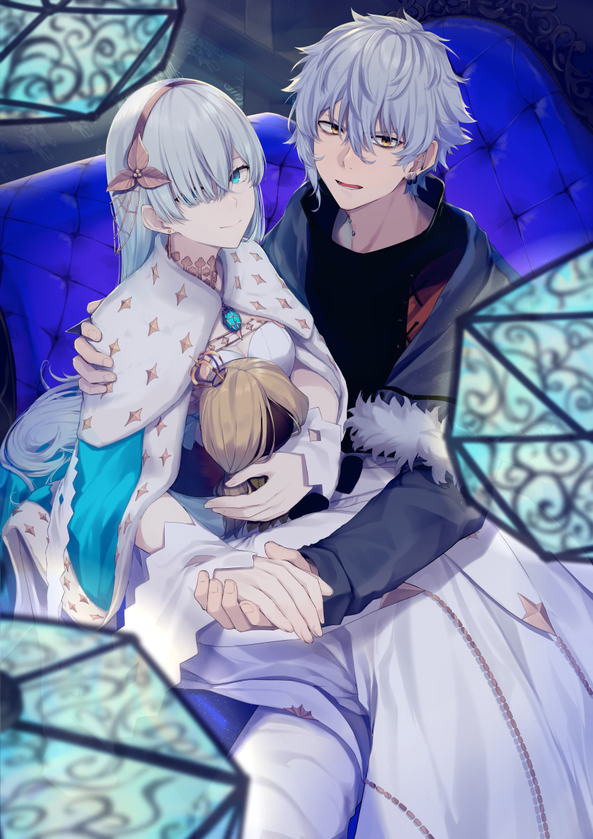 1boy 1girl absurdres anastasia_(fate/grand_order) bangs black_shirt blue_cloak blurry blurry_foreground brown_eyes brown_hairband cloak closed_mouth commentary_request couch crown depth_of_field dress ear_piercing earrings eyebrows_behind_hair fate/grand_order fate_(series) grey_hair grey_jacket hair_between_eyes hair_ornament hair_over_one_eye hairband highres holding_hands jacket jewelry kadoc_zemlupus kurogiri leaf_hair_ornament light_brown_hair long_hair looking_at_viewer mini_crown on_couch open_clothes open_jacket parted_lips piercing royal_robe shirt sitting smile v-shaped_eyebrows very_long_hair white_dress