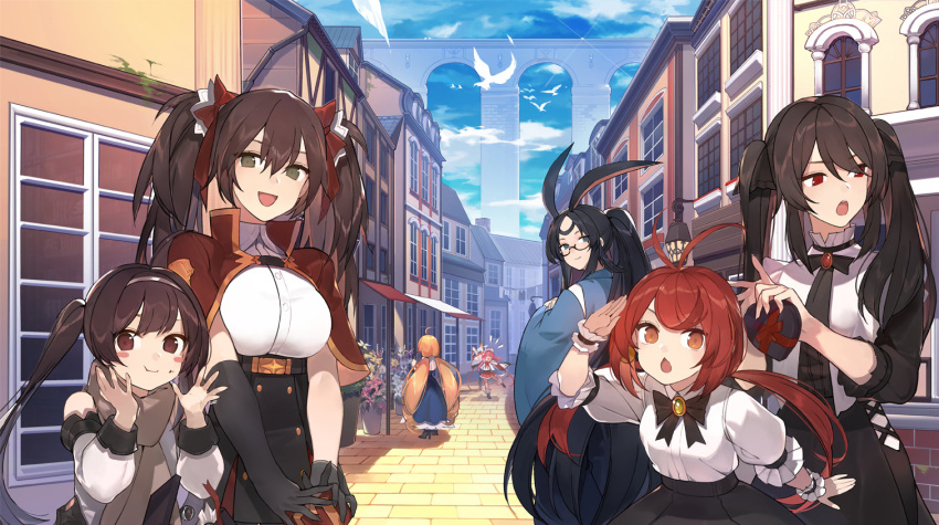 /\/\/\ 6+girls :t animal_ears antenna_hair architecture asymmetrical_gloves azur_lane bird black_gloves black_hair blue_sky blush_stickers box breasts brick_floor brown_eyes brown_hair character_request chestnut_mouth day eldridge_(azur_lane) food food_on_face gift gift_box glasses gloves haruna_(azur_lane) inxst jersey_(azur_lane) large_breasts long_hair low_twintails multiple_girls official_art outdoors ping_hai_(azur_lane) rabbit_ears red_eyes redhead ryuujou_(azur_lane) scarf sky small_breasts souryuu_(azur_lane) twintails very_long_hair wrist_cuffs york_(azur_lane)