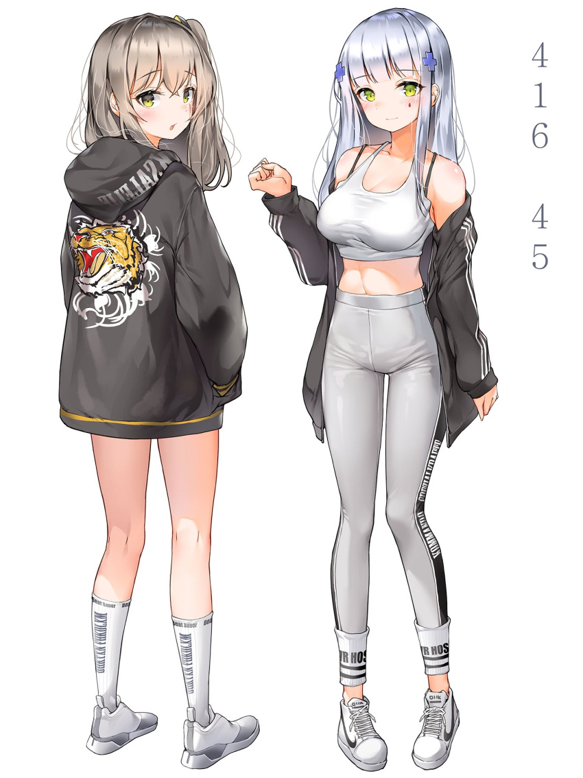 2girls :o bangs black_bra blunt_bangs blush bra breasts closed_mouth clothes_writing commentary crop_top crossed_bangs eyebrows_visible_through_hair facial_mark full_body girls_frontline green_eyes grey_footwear grey_hair grey_pants hair_between_eyes hair_ornament hand_up highres hk416_(girls_frontline) hood hood_down hooded_jacket jacket large_breasts lee_seok_ho long_hair long_sleeves looking_at_viewer multiple_girls off_shoulder one_side_up pants scar scar_across_eye shoes sidelocks silver_hair simple_background smile sneakers socks ump45_(girls_frontline) underwear very_long_hair white_background