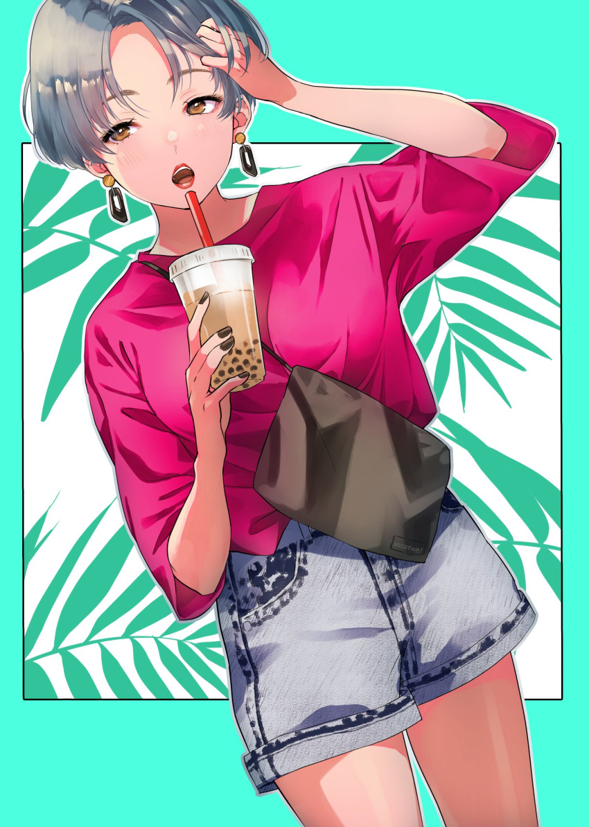 1girl :o aqua_background bag black_nails brown_eyes commentary cup denim denim_shorts drinking_straw earrings grey_hair half-closed_eyes hand_in_hair highres holding holding_cup jewelry kate_iwana leaf leaf_background lipstick makeup nail_polish open_mouth original outline red_shirt shirt short_hair short_shorts shorts shoulder_bag solo