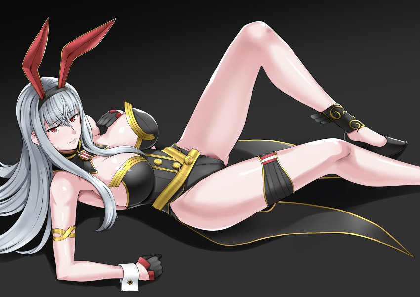 1girl absurdres animal_ears arm_support armlet bangs bare_shoulders belt black_footwear black_gloves black_leotard breasts bunnysuit buttons eyebrows_visible_through_hair fake_animal_ears gloves haruhisky highres large_breasts leotard long_hair looking_at_viewer lying on_back paid_reward pale_skin patreon_reward rabbit_ears red_eyes selvaria_bles senjou_no_valkyria senjou_no_valkyria_1 shiny shiny_skin silver_hair simple_background solo strapless strapless_leotard thigh_strap thighs