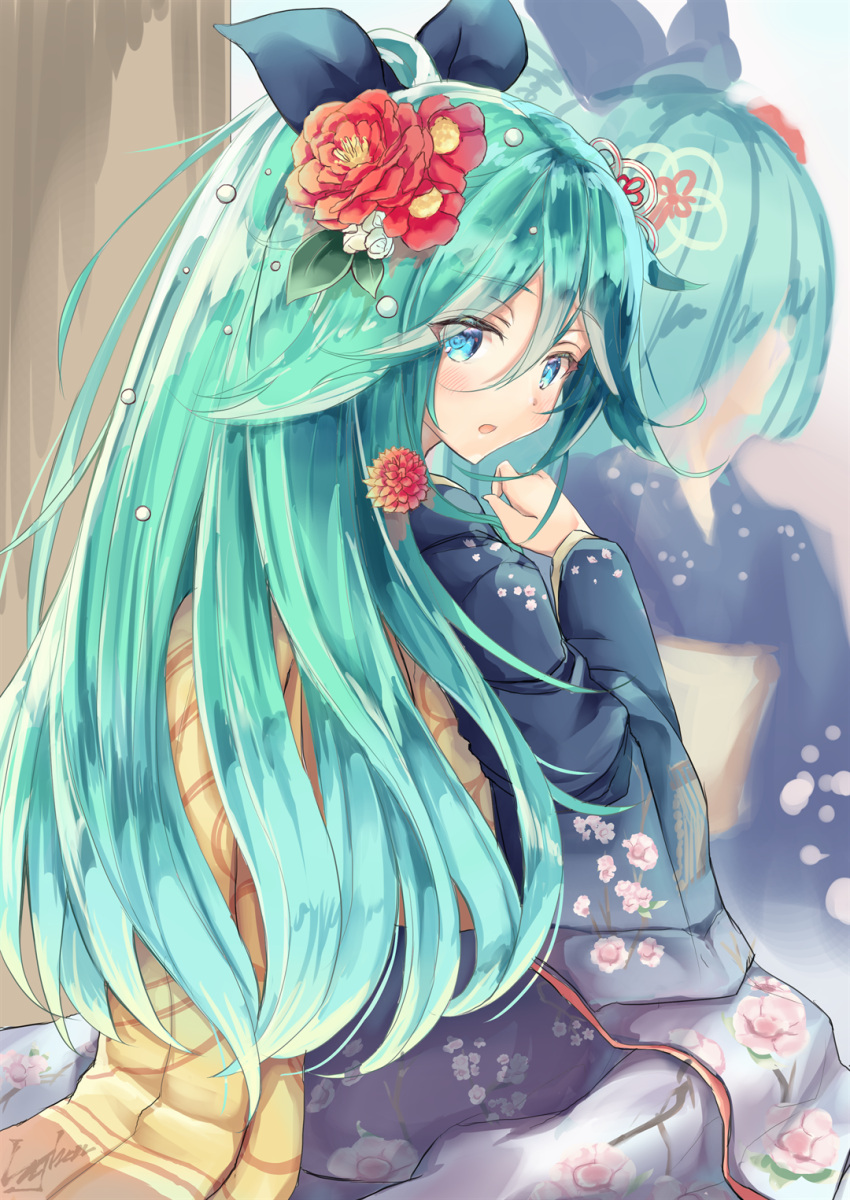 1girl :o blue_eyes blue_kimono blue_ribbon blush commentary_request flower from_behind gradient_kimono green_hair hair_between_eyes hair_flower hair_ornament hair_ribbon hairclip hand_up highres japanese_clothes kantai_collection kimono lajhen2651 long_hair looking_at_viewer looking_back mirror ponytail purple_kimono reflection ribbon sitting solo wariza wide_sleeves yamakaze_(kantai_collection)