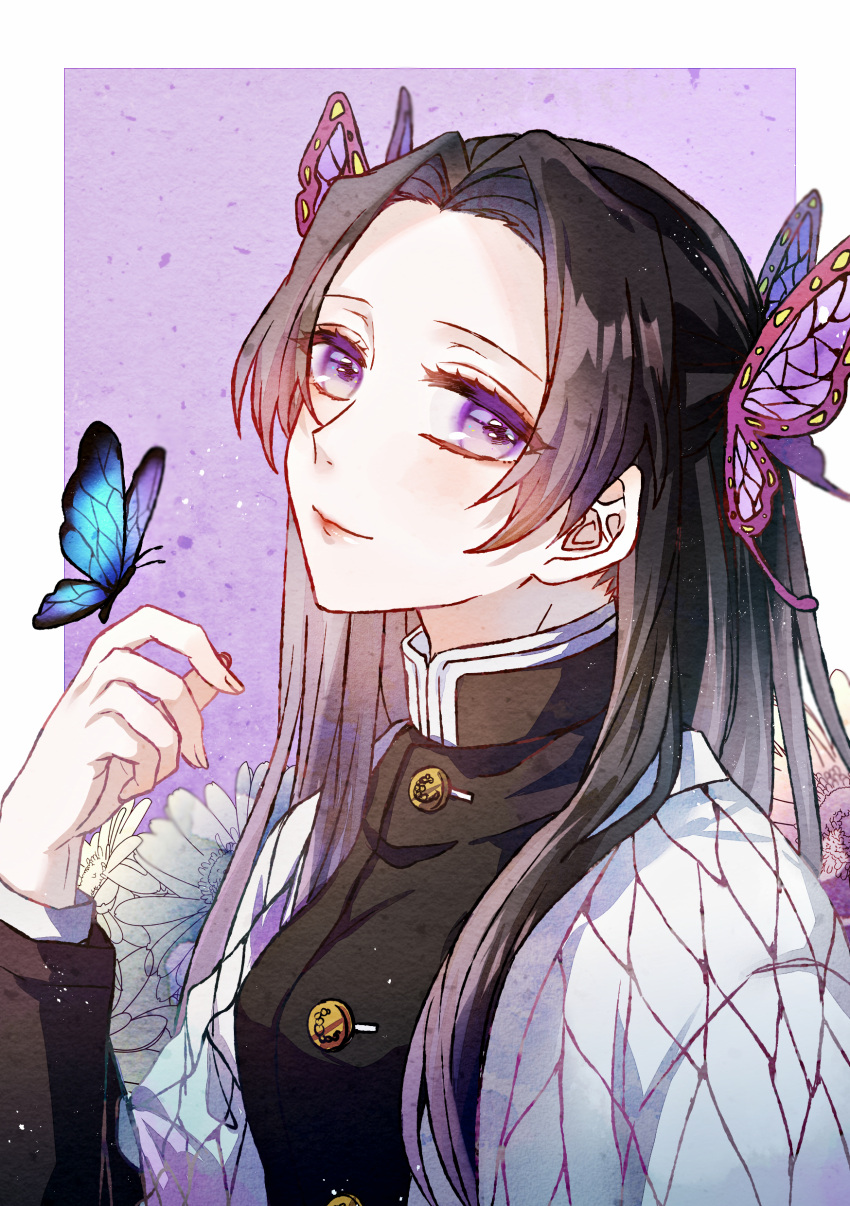 1girl absurdres black_hair black_jacket butterfly_hair_ornament butterfly_on_hand closed_mouth hair_intakes hair_ornament highres jacket kimetsu_no_yaiba kochou_shinobu leisure-sora long_hair long_sleeves looking_at_viewer smile solo upper_body violet_eyes