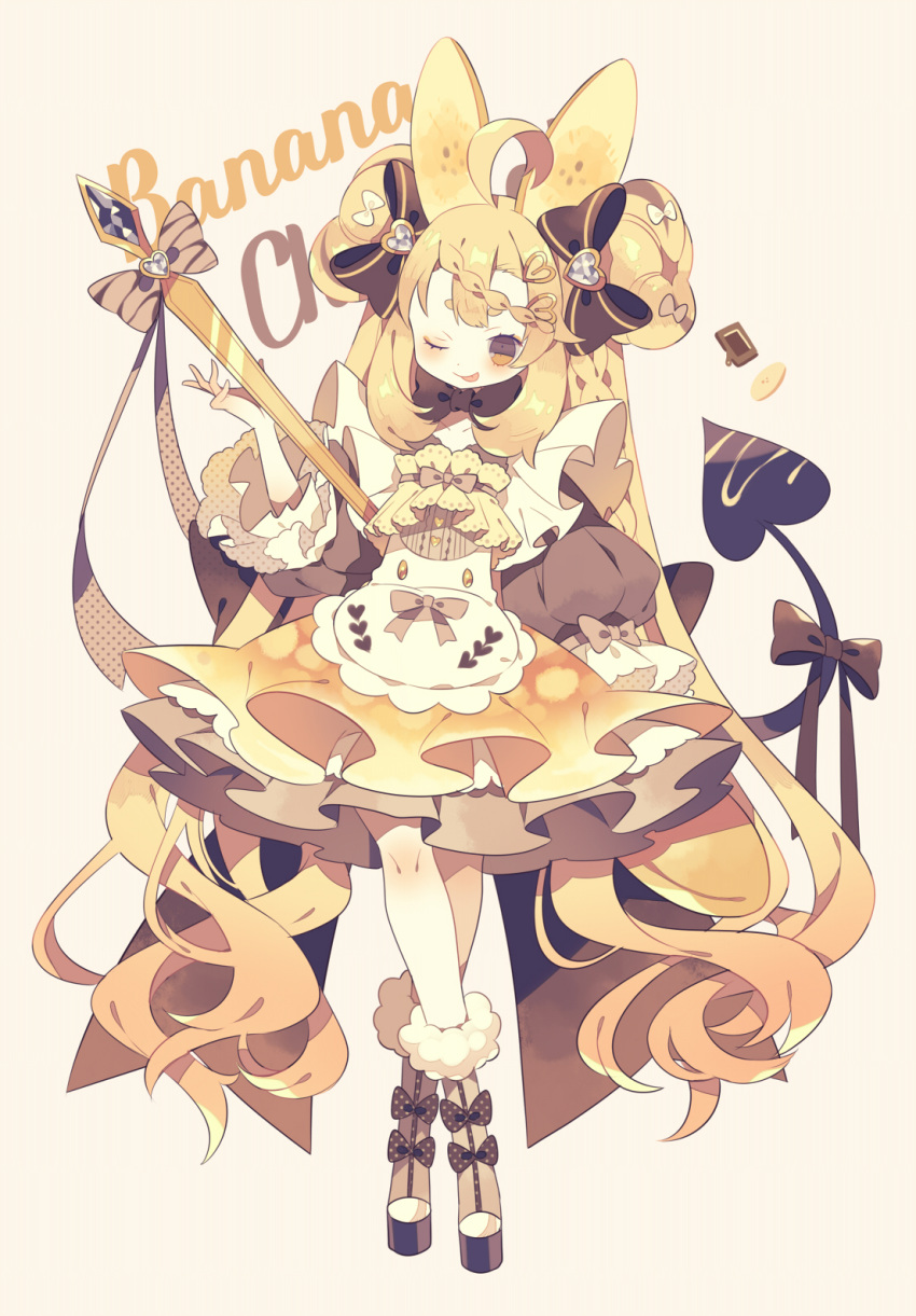 1girl ;p ahoge apron banana_hair_ornament bangs blonde_hair blush bow braid brown_background brown_bow brown_eyes brown_footwear brown_shirt brown_skirt closed_mouth crossed_legs demon_tail double_bun food_themed_clothes food_themed_hair_ornament full_body fur-trimmed_boots fur_trim hair_bow hair_ornament heart highres long_hair one_eye_closed original oversized_object puffy_short_sleeves puffy_sleeves shirt short_eyebrows short_sleeves simple_background skirt smile solo spoon standing striped striped_bow tail tail_raised thick_eyebrows tongue tongue_out very_long_hair watson_cross white_apron yumenouchi_chiharu