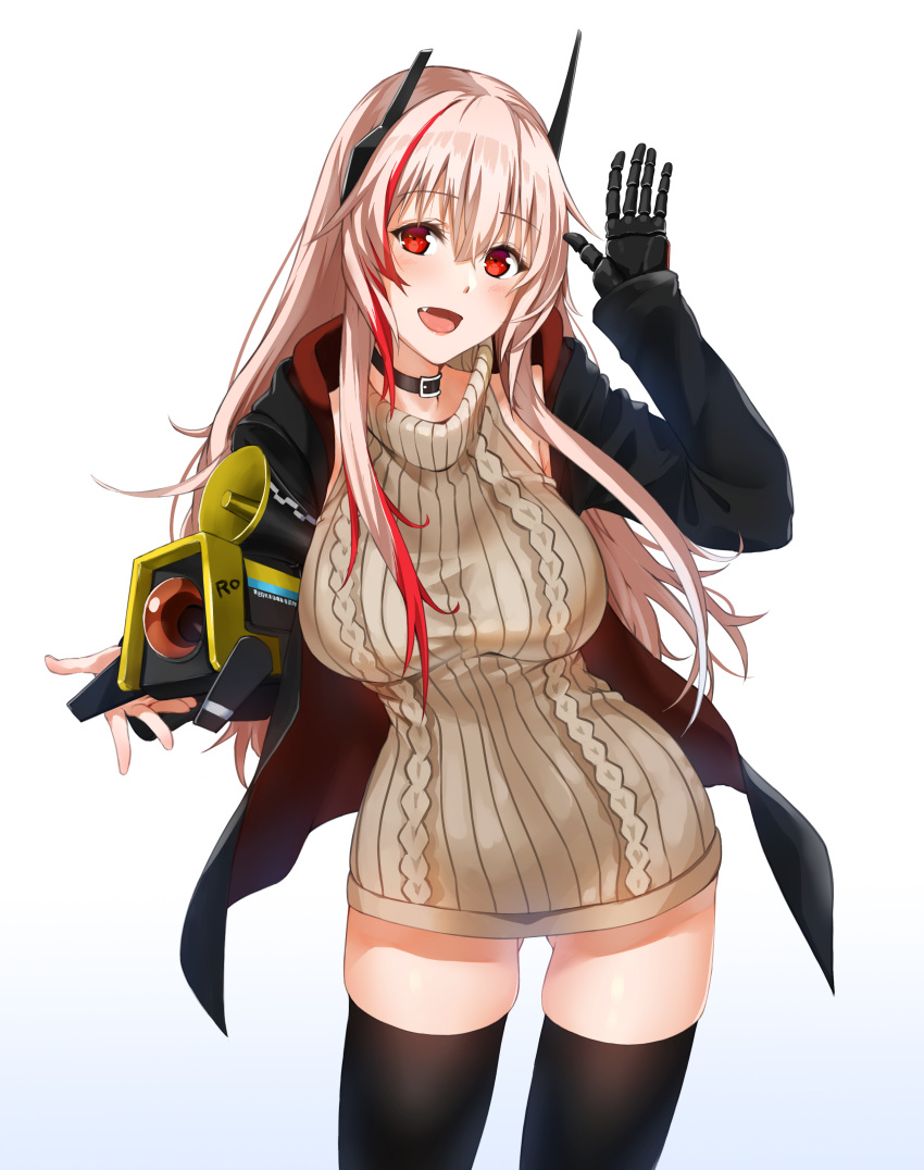 1girl :d absurdres aran_sweater bangs bishi_(bishi) blush breasts coat dress eyebrows_visible_through_hair girls_frontline hair_between_eyes hand_up headgear highres holding large_breasts long_hair looking_at_viewer m4_sopmod_ii_(girls_frontline) mechanical_hand mod3_(girls_frontline) multicolored_hair open_clothes open_coat open_mouth pink_hair red_eyes redhead ro635_(dinergate) sidelocks sleeveless smile streaked_hair sweater sweater_dress thigh-highs turtleneck turtleneck_sweater