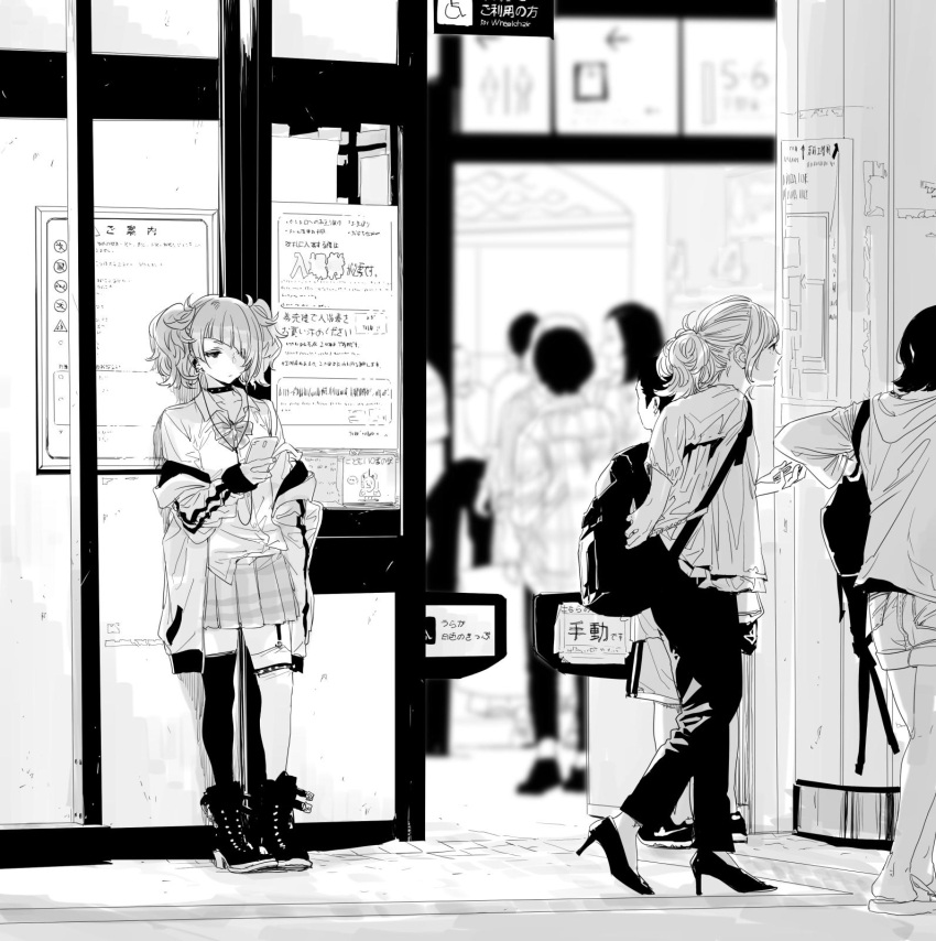 asymmetrical_legwear bangs boots cellphone choker diagonal_bangs earphones goshiki_suzu highres idolmaster idolmaster_shiny_colors jacket miniskirt monochrome off_shoulder phone short_twintails sketch skirt smartphone standing storefront tanaka_mamimi thigh-highs twintails