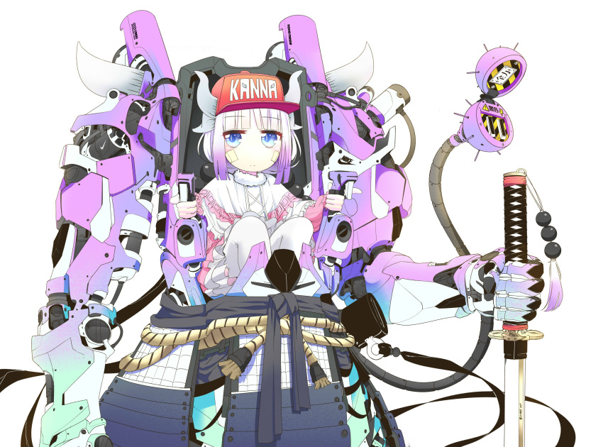 1girl absurdres beads blue_eyes dragon_girl gradient_hair hair_beads hair_ornament hat highres horns kanna_kamui katana kobayashi-san_chi_no_maidragon lavender_hair looking_at_viewer mechanization multicolored_hair purple_hair red_headwear simple_background sitting solo sword tail vinneart weapon white_background white_hair white_legwear