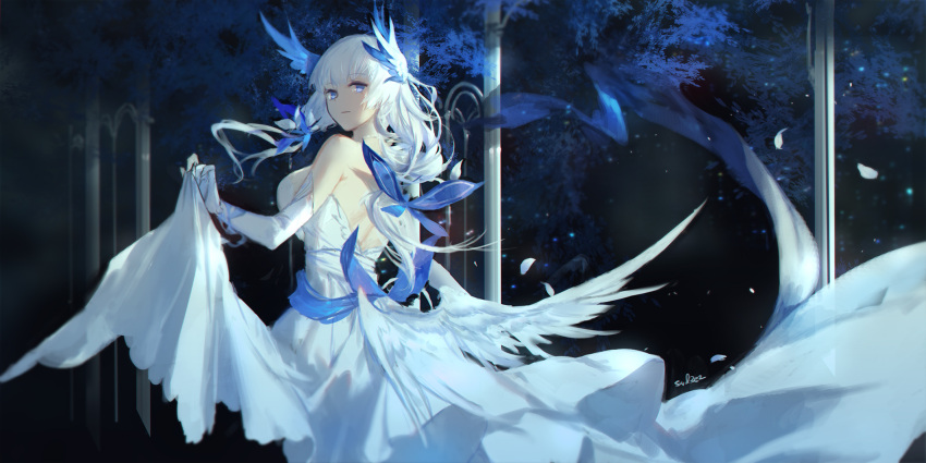 1girl artist_name azur_lane bare_shoulders blue_eyes blue_ribbon breasts dress dress_lift elbow_gloves floating_hair from_behind gloves head_wings highres illustrious_(azur_lane) large_breasts long_hair looking_at_viewer looking_back petals ribbon sleeveless sleeveless_dress solo standing swd3e2 white_dress white_gloves white_hair wide_shot wings