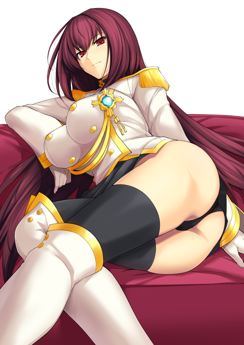 1girl absurdres aiguillette alternate_costume ass black_legwear black_panties black_skirt boots breasts buttons epaulettes fate/extella fate/extella_link fate/extra fate/grand_order fate_(series) gloves hair_between_eyes haruhisky highres jacket jewelry knee_boots large_breasts long_hair looking_at_viewer military_jacket paid_reward panties patreon_reward pendant purple_hair red_eyes scathach_(fate)_(all) scathach_(fate/grand_order) simple_background sitting skirt solo thigh-highs thighs underwear white_background white_footwear white_gloves white_jacket