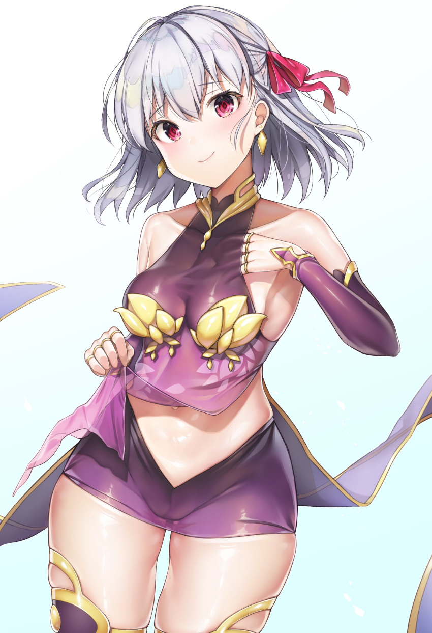 1girl absurdres bangs bare_shoulders blush breasts detached_sleeves dress earrings fate/grand_order fate_(series) hair_between_eyes halterneck highres jewelry kama_(fate/grand_order) looking_at_viewer purple_dress purple_legwear purple_sleeves red_eyes ring silver_hair small_breasts smile solo thighs yayoichi_(yoruyoru108)