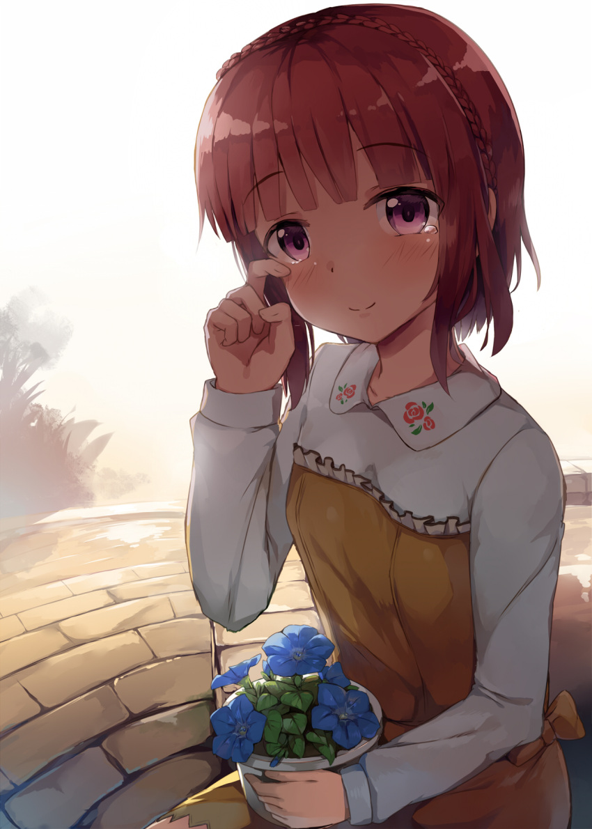 1girl aikawa_aika alice_gear_aegis bangs blue_flower blush braid brown_dress brown_hair closed_mouth collared_shirt commentary_request crown_braid dress eyebrows_visible_through_hair floral_print flower frilled_dress frills head_tilt highres long_sleeves plant potted_plant print_shirt rose_print seneto shirt smile solo strapless strapless_dress tears violet_eyes white_shirt wiping_tears