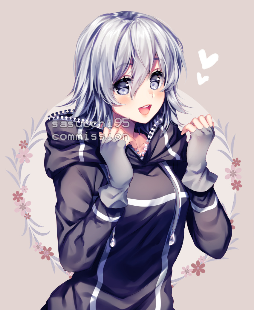 1girl artist_name blush breasts collarbone commission eyebrows_visible_through_hair fingerless_gloves gloves grey_eyes grey_gloves grey_hair highres hood hoodie large_breasts looking_at_viewer open_mouth original sasucchi95 short_hair signature smile solo upper_body watermark zipper