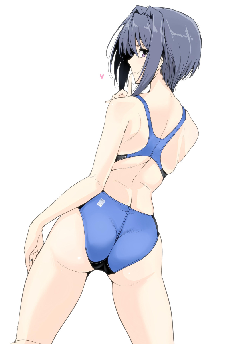 1girl absurdres ass blue_hair character_request commentary_request competition_swimsuit copyright_request from_behind harukon_(halcon) heart highres jewelry looking_at_viewer mole mole_under_eye one-piece_swimsuit ring short_hair shoulder_blades shoulders solo swimsuit thighs violet_eyes white_background