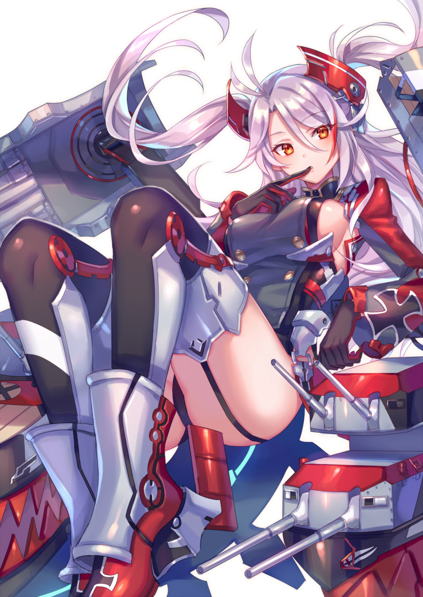 1girl azur_lane bangs blush boots breasts brown_hair choker commentary_request elbow_rest eyebrows_visible_through_hair finger_to_mouth floating_hair garter_straps hair_between_eyes headgear highres iron_cross large_breasts long_hair looking_at_viewer mole multicolored_hair parted_lips prinz_eugen_(azur_lane) redhead rigging rudder_footwear silver_hair sitting solo streaked_hair swept_bangs thigh-highs thigh_boots two_side_up very_long_hair zoff_(daria)