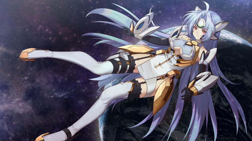 1girl absurdres android anson_(13686564308) bare_shoulders blue_hair breasts cleavage_cutout commentary earth elbow_gloves garter_straps gloves highres kos-mos kos-mos_ver._4 long_hair long_legs looking_at_viewer medium_breasts red_eyes solo space thigh-highs very_long_hair xenosaga xenosaga_episode_iii