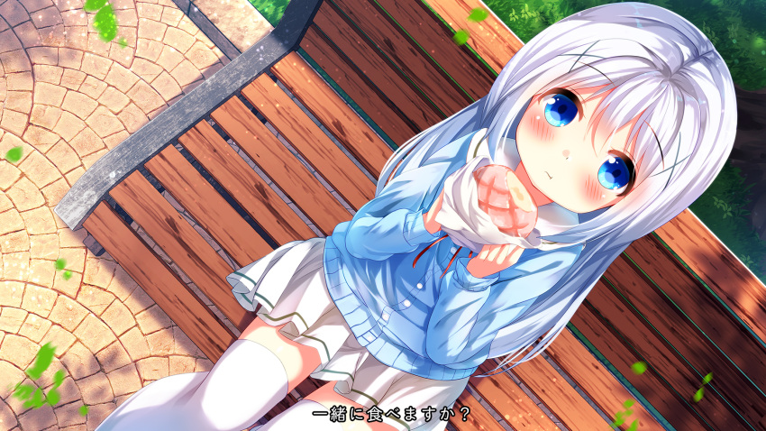1girl :t bangs bench blue_cardigan blue_eyes blush cardigan chinomaron closed_mouth commentary_request day dutch_angle eating eyebrows_visible_through_hair food from_above gochuumon_wa_usagi_desu_ka? hair_between_eyes hair_ornament highres holding holding_food kafuu_chino long_sleeves looking_at_viewer looking_up neck_ribbon on_bench outdoors park_bench pleated_skirt red_ribbon ribbon sailor_collar school_uniform serafuku silver_hair sitting skirt solo thigh-highs translation_request white_legwear white_sailor_collar white_skirt x_hair_ornament