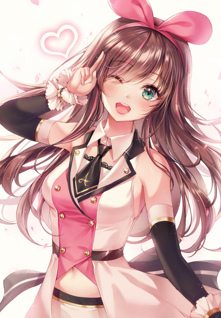 1girl ;d a.i._channel absurdres bangs black_neckwear blue_eyes blush bow breasts brown_hair commentary detached_sleeves eyebrows_visible_through_hair gold_trim hairband head_tilt heart highres kizuna_ai light_particles long_hair looking_at_viewer medium_breasts multicolored_hair necktie one_eye_closed open_mouth pink_hair pink_hairband ribbon shirt shorts smile solo sparkle streaked_hair ttosom v virtual_youtuber youtube