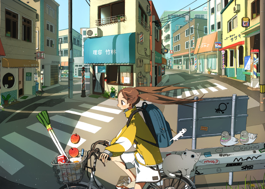 1girl apple backpack bag barber_pole bicycle bird brown_hair cat cityscape commentary food fruit graffiti ground_vehicle highres jacket long_hair milk_carton original outdoors pigeon riding scenery short_shorts shorts spring_onion tao_(tao15102) twintails