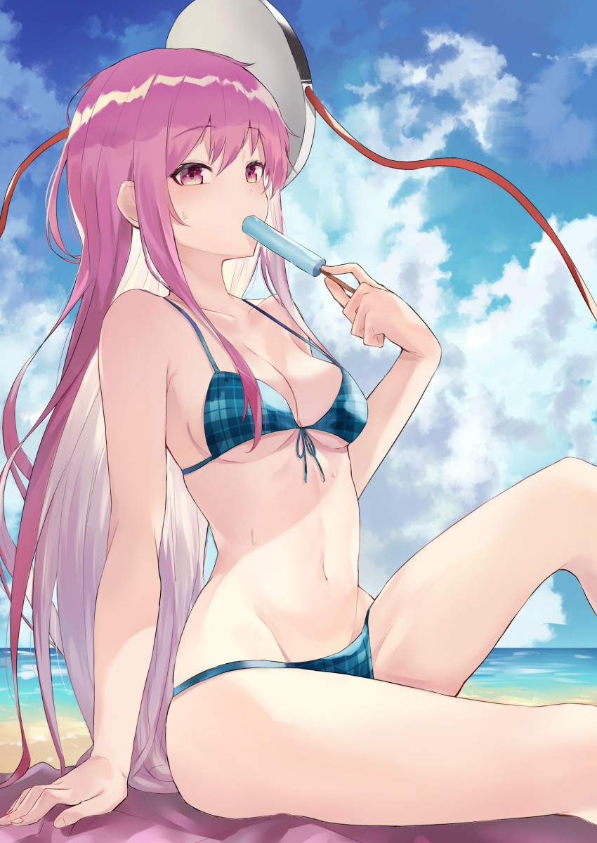 1girl absurdres arm_support bangs bare_arms bare_shoulders beach bikini blue_bikini blue_sky breasts clouds collarbone commentary_request day eyebrows_visible_through_hair feet_out_of_frame food food_in_mouth front-tie_bikini front-tie_top groin hair_between_eyes hata_no_kokoro highres holding holding_food knee_up long_hair looking_at_viewer mask mask_on_head medium_breasts navel ocean outdoors pink_eyes pink_hair plaid plaid_bikini popsicle rice_(okome_no_naru_ki) sidelocks sitting sky solo stomach strap_gap swimsuit tassel thighs touhou very_long_hair