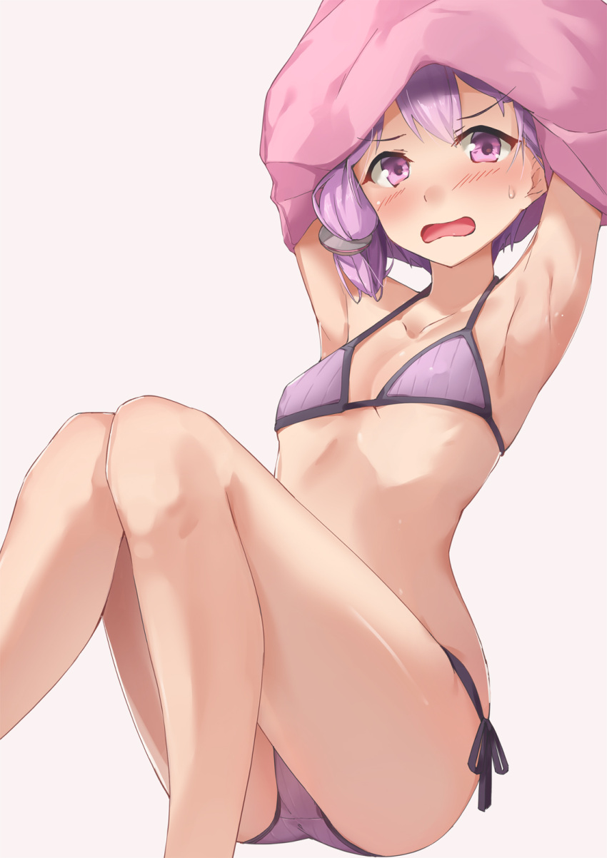 1girl armpits arms_up bare_legs bikini blush collarbone commentary_request feet_out_of_frame flat_chest highres kanzen_bouon knees_together_feet_apart knees_up looking_at_viewer nose_blush open_mouth pink_shirt purple_bikini purple_hair purple_ribbon ribbon shirt short_hair side-tie_bikini sitting solo sweat swimsuit undressing v-shaped_eyebrows violet_eyes voiceroid yuzuki_yukari