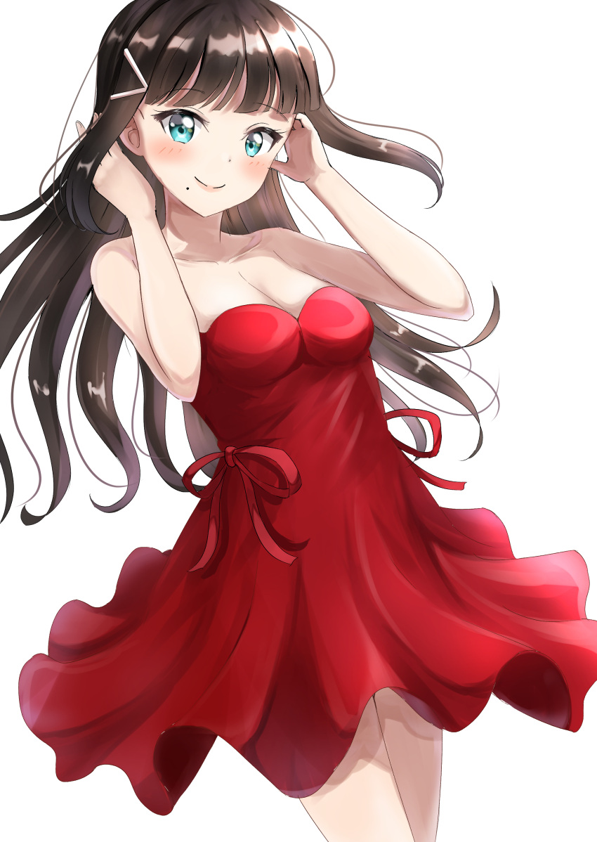 1girl absurdres bangs black_hair blue_eyes blush closed_mouth commentary_request dress eyebrows_visible_through_hair fingernails hair_ornament hairclip hands_in_hair hands_up highres kurosawa_dia long_hair love_live! love_live!_sunshine!! mole mole_under_eye pleated_dress red_dress simple_background sin_(sin52y) smile solo strapless strapless_dress very_long_hair white_background