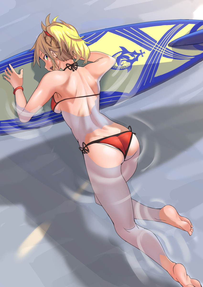 1girl ass ayakumo bare_shoulders barefoot bikini blonde_hair blush braid breasts commentary_request day eyebrows_visible_through_hair fate/grand_order fate_(series) green_eyes hair_ornament highres long_hair looking_at_viewer mordred_(fate)_(all) mordred_(swimsuit_rider)_(fate) open_mouth partially_submerged ponytail prydwen red_bikini scrunchie shoulder_blades side-tie_bikini solo surfboard swimsuit toned wristband