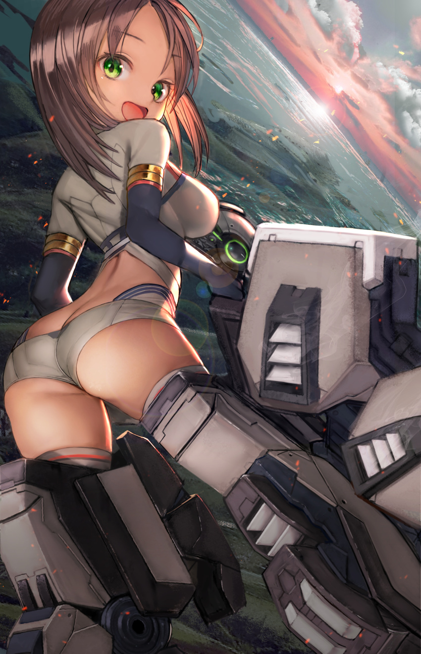 1girl absurdres alice_gear_aegis ass bangs black_gloves breasts brown_hair clouds commentary_request dark_skin eyebrows_visible_through_hair from_behind gloves green_eyes highres kaneshiya_sitara large_breasts long_hair looking_at_viewer nyatabe open_mouth outdoors short_shorts shorts solo thigh-highs
