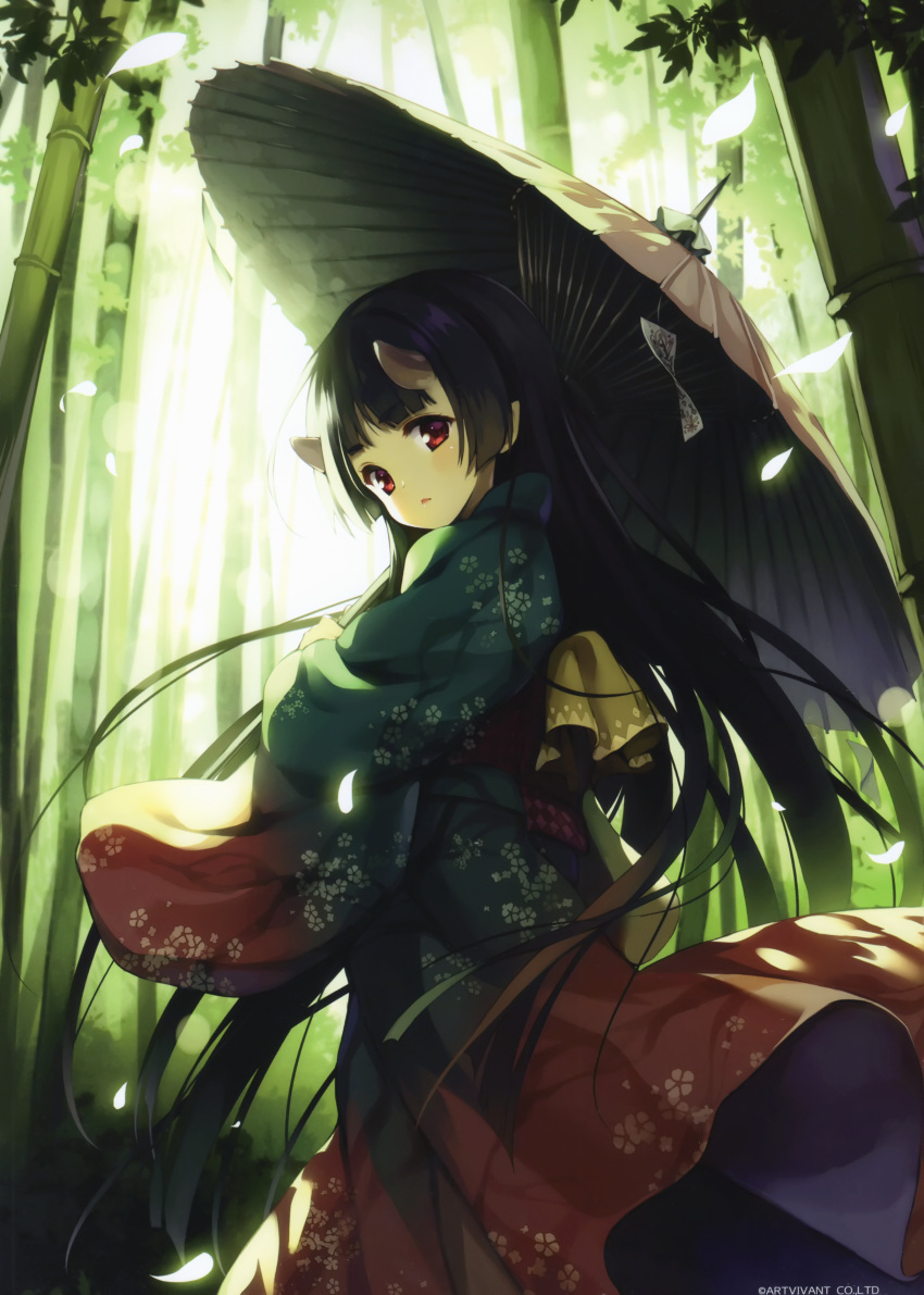 1girl absurdres bamboo bamboo_forest bangs black_hair blush day eyebrows_visible_through_hair floral_print forest highres holding horns japanese_clothes kimono long_hair looking_at_viewer looking_back nature obi oni open_mouth oriental_umbrella original outdoors parted_lips petals red_eyes sash scan senji_(tegone_spike) shiny shiny_hair solo umbrella very_long_hair wide_sleeves