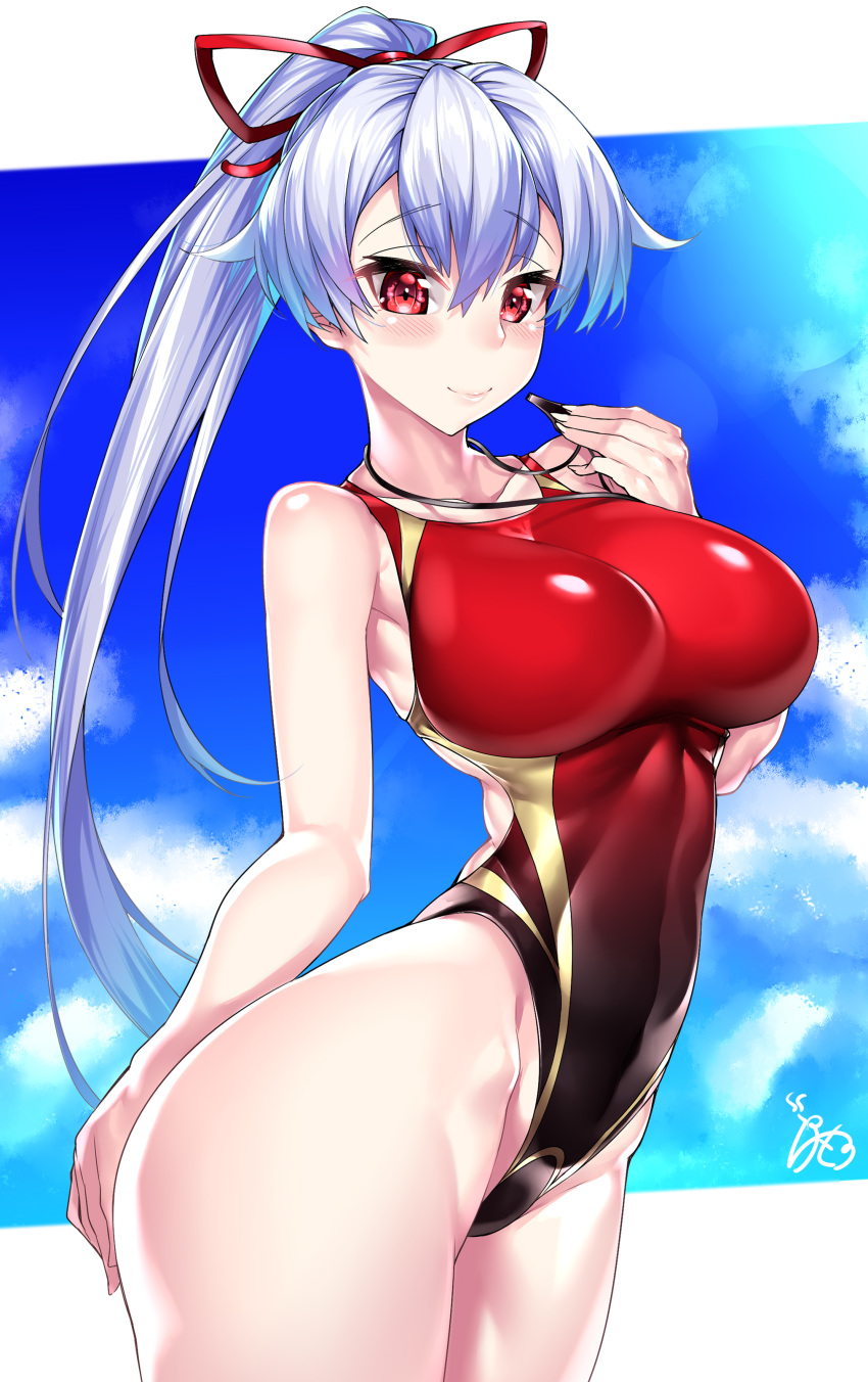 1girl absurdres blue_sky breasts clouds collarbone commentary_request competition_swimsuit cowboy_shot fate/grand_order fate_(series) gradient_swimsuit headband highleg highleg_swimsuit highres long_hair looking_at_viewer medium_breasts one-piece_swimsuit ponytail red_eyes red_ribbon red_swimsuit ribbon silver_hair sky solo standing swimsuit tomoe_gozen_(fate/grand_order) very_long_hair watosu_(watosu_mama) whistle whistle_around_neck